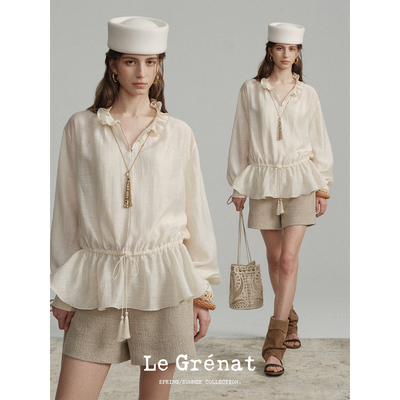 Le Grenat设计感醋酸亚麻莱赛尔混纺荷叶领收腰宽松长袖上衣衬衫