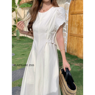 LazyLuxe白色收腰可调节连衣裙短袖 清仓不退不换 圆领长裙A字长款