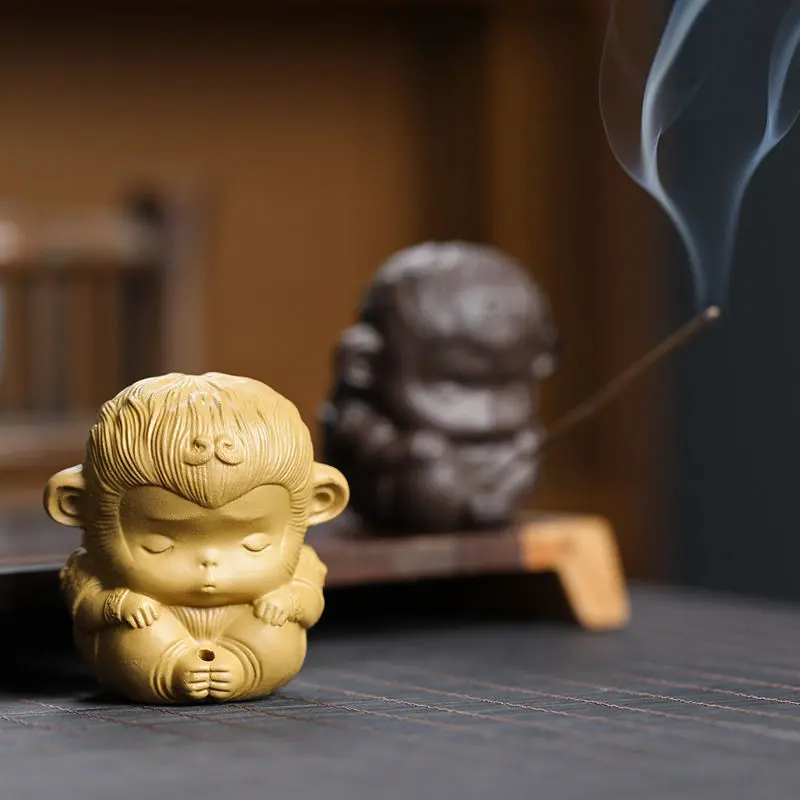 创意紫砂香插茶宠禅意手工萌宠小灵猴茶玩茶室齐天大圣家用香座