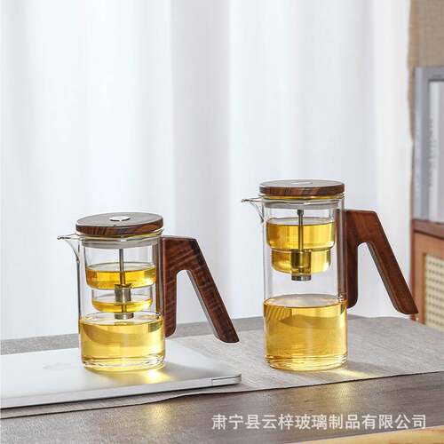 厂家供应飘逸杯550ml 全玻璃内胆一键过滤家用茶具套装茶水分离壶