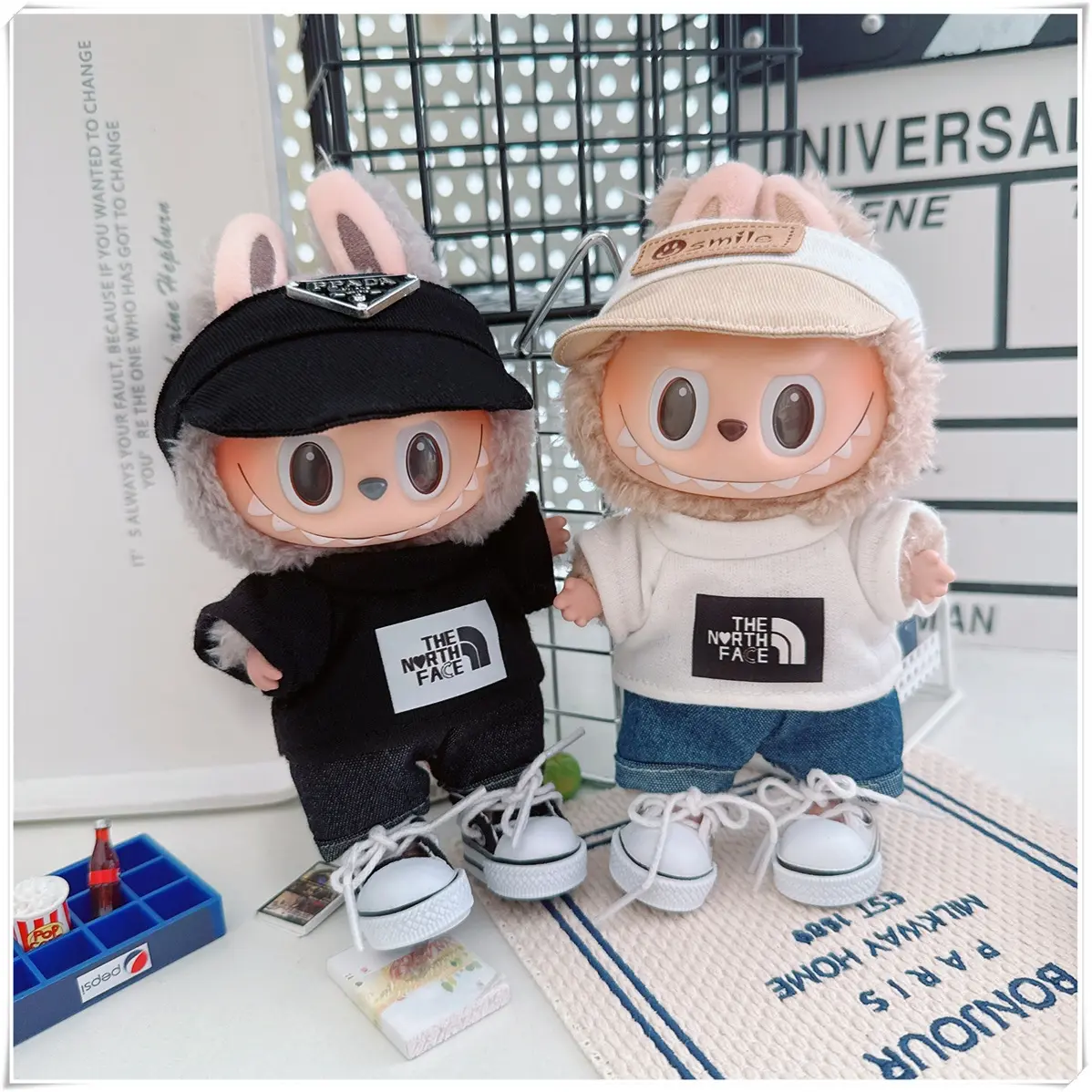 17m拉布布labubu盲盒运动服娃衣10m棉花娃娃黑小白峰t恤潮流