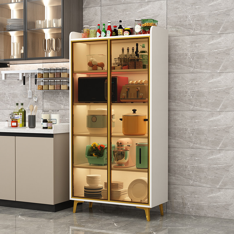 厨房置物架带门多层落地收纳玻璃橱柜多功能碗柜锅具微波炉储物柜