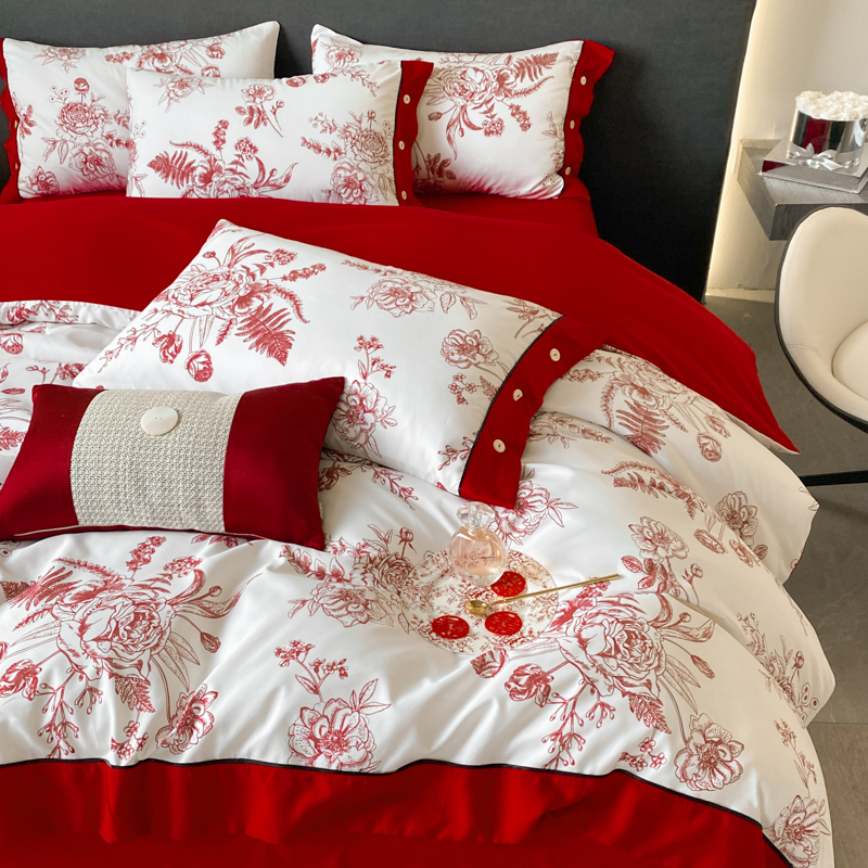 高端小清新中式红色结婚床单四件套婚庆新婚喜被婚礼简约床上用品