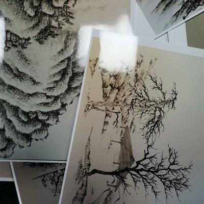 山水画课徒稿铜版纸原图打印树石云水临摹范画红林笔庄初学者