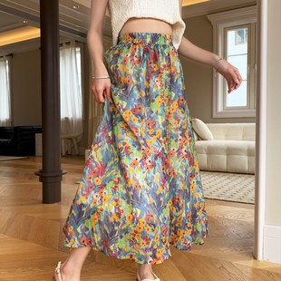 莫奈油画半身裙女高腰显瘦法式复古碎花裙压皱质感度假风a字长裙