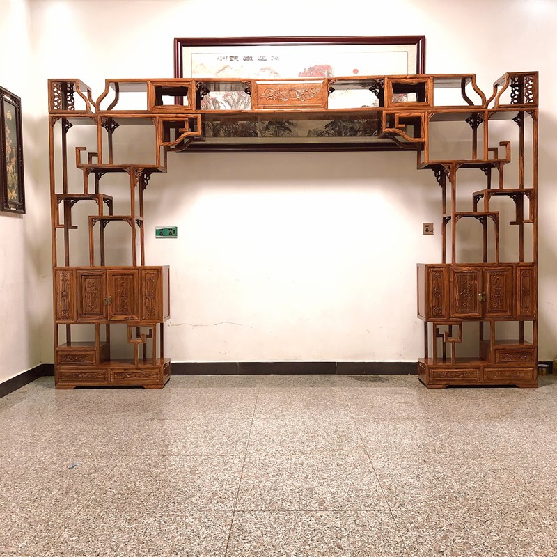 中式仿古实木置物架古董柜榆木门厅隔断月洞门博古架实木禅意加厚