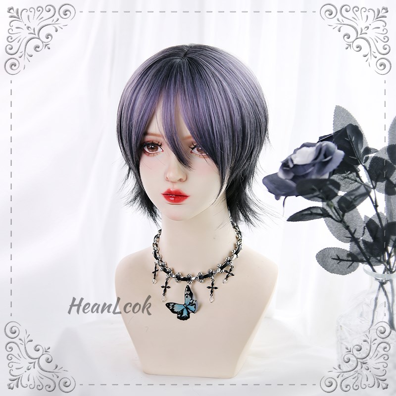 子眠韩可可原宿日常lolita基佬男cos紫黑中性狼尾鲻鱼头假发