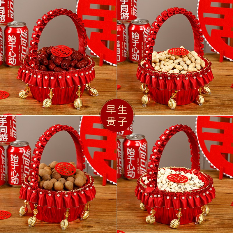 结婚手提花篮早生贵子压床摆件收纳篮子婚礼婚庆喜事用纯手工花篮