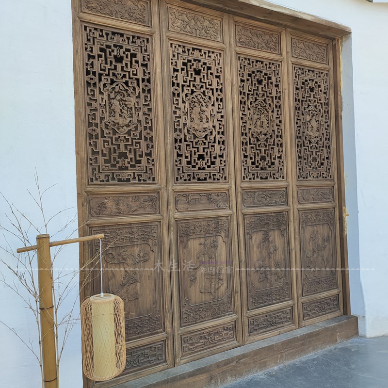 东阳木雕中式实木雕刻仿古门窗人物福禄寿喜香樟木做旧隔断屏风