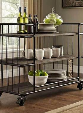 美式复古铁层艺做旧餐架SBF边柜厨房实木隔板三置物flot带刹轮水