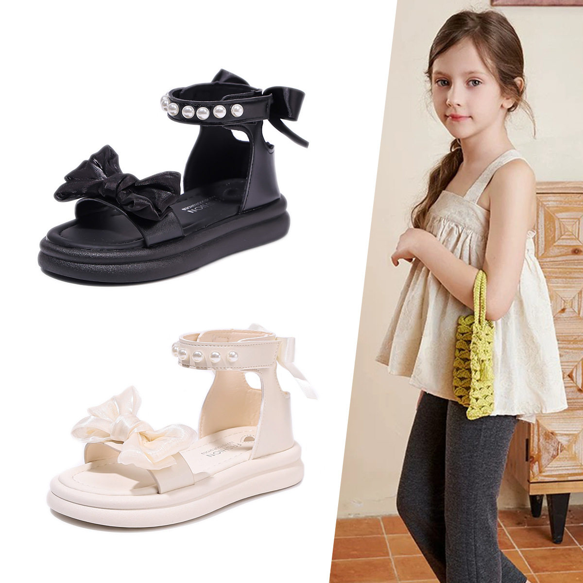 女童珍珠公主鞋罗马凉鞋2026中大童软底蝴蝶结露趾夏季外穿魔术贴