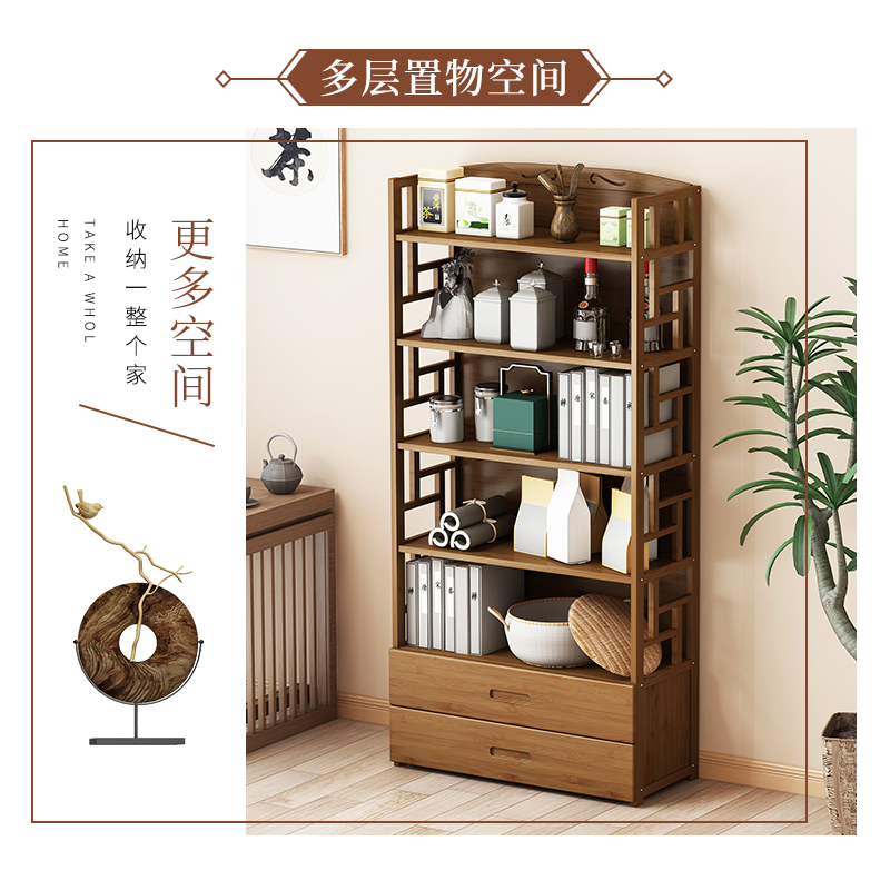 客厅茶室置物架子房间小收纳多层实木落地L床头沙发后书柜楠竹书