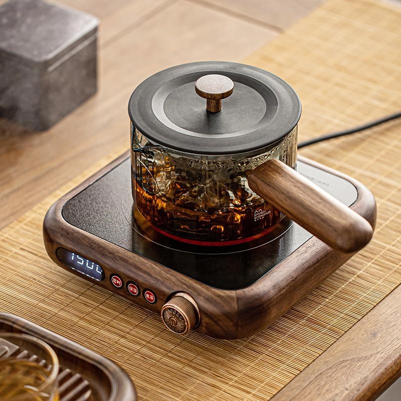 胡桃木电陶炉煮茶器煮茶炉家用超薄耐热玻璃烧水壶侧W把煮茶壶套