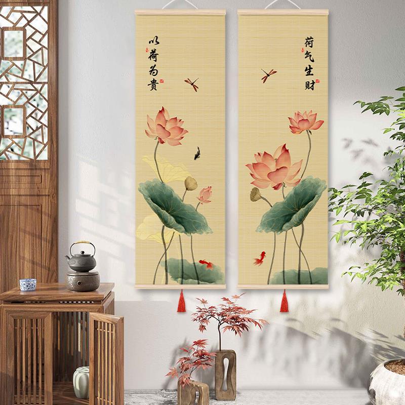 荷气满堂竹艺挂画荷花玄关环保竹帘装饰画卷轴竖版复古墙面装饰图片