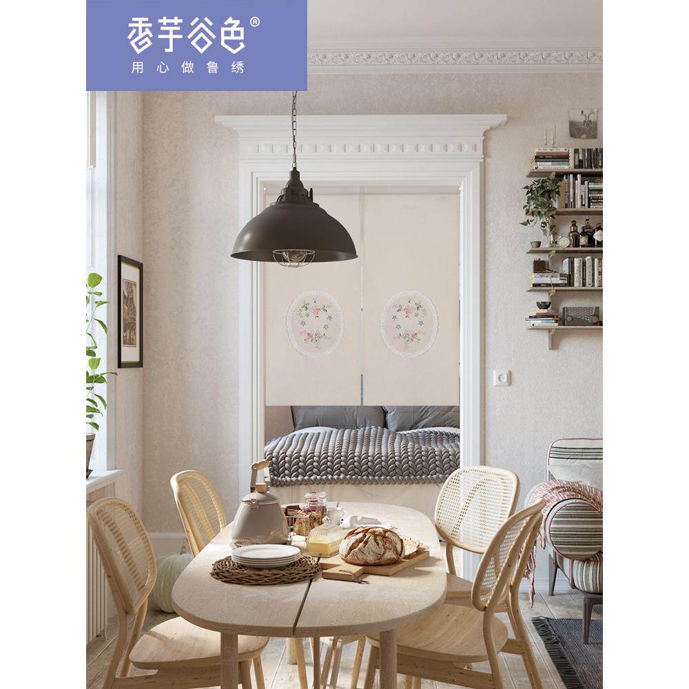 新中式棉麻刺绣布艺门帘鲁绣田园隔断帘免打孔家用帘子厨房挂半帘
