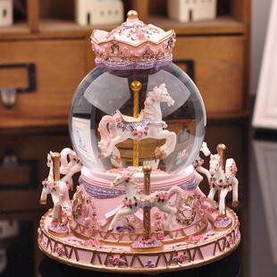 旋转木马水晶球自动飘雪音乐盒八音盒女生儿童女孩生日礼物情人节
