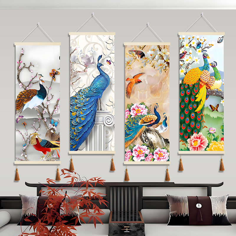 双孔雀图手绘油画新中式入户玄关装饰画客厅餐厅高清挂画防水防晒图片