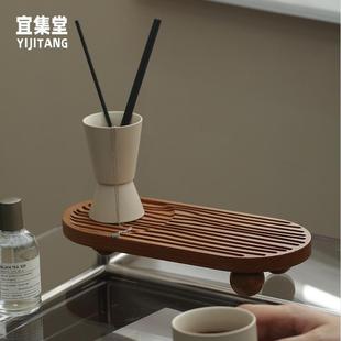 饰摆件 宜集堂INS高足干泡茶盘托盘小型实木茶台侘寂风茶具家用装