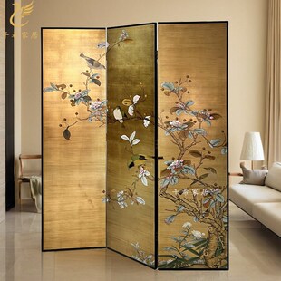 中古风手绘漆画屏风金箔花鸟茶室客E厅餐厅玄关隔断沙发背景可定