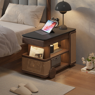 实木升降茶几可移动小推车巴士边几小户型黑胡P桃木家用旋转床边