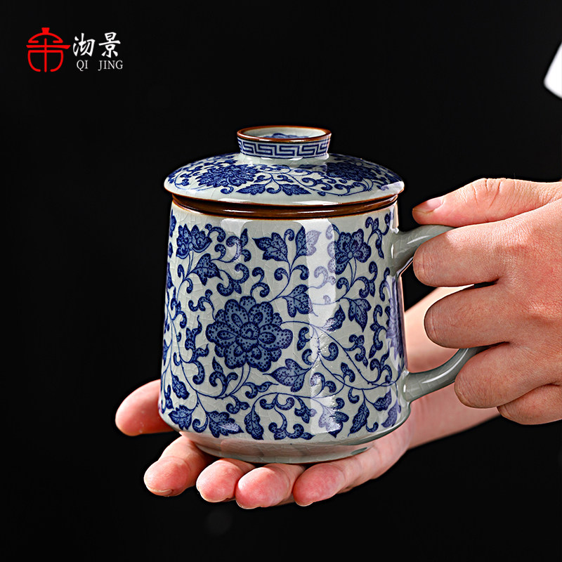 景德镇青花陶泥缠枝莲陶瓷办公杯家用茶水分离泡茶杯过滤高档杯子