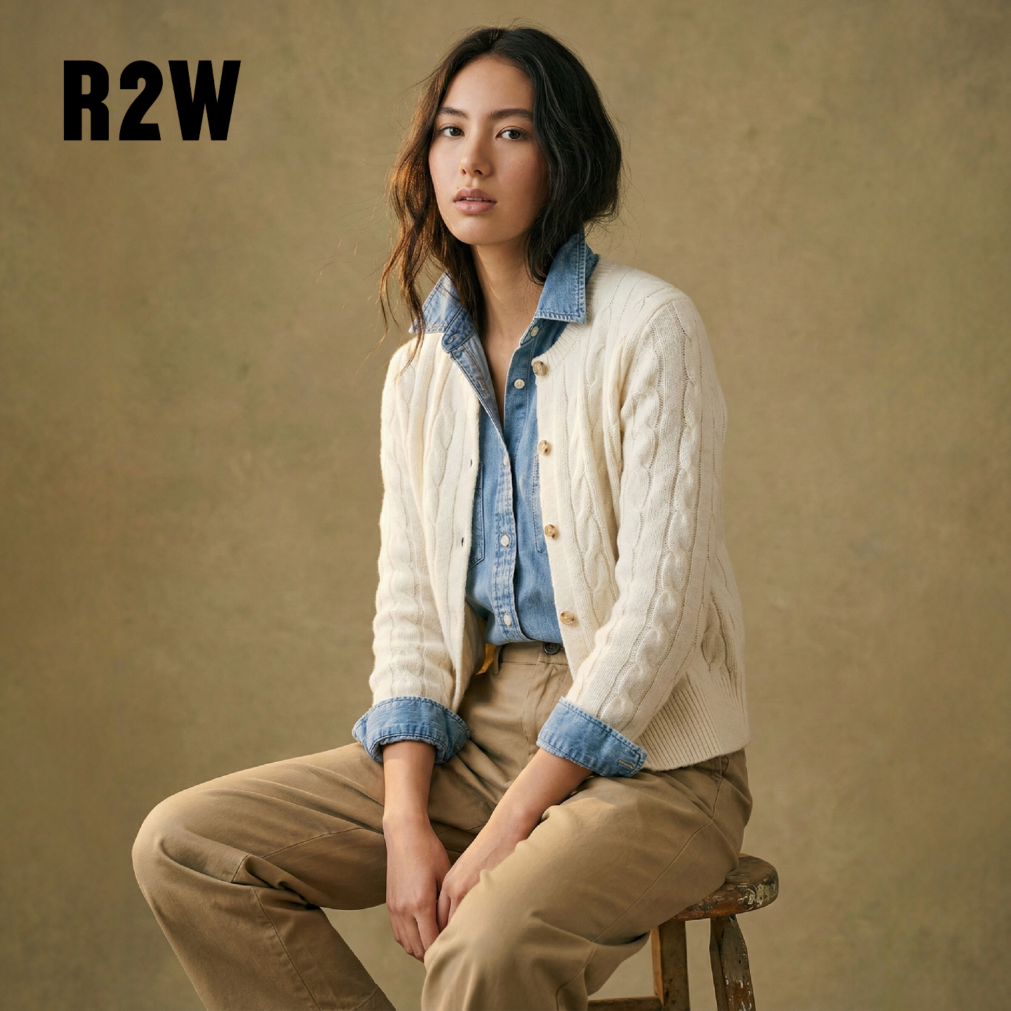 R2W美式复古绞花羊毛针织开衫外套圆领麻花毛衣女秋冬季短款上衣