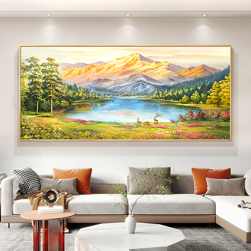 日照金山客厅装饰画聚宝盆山水靠山图沙发背景墙挂画手绘油画壁画