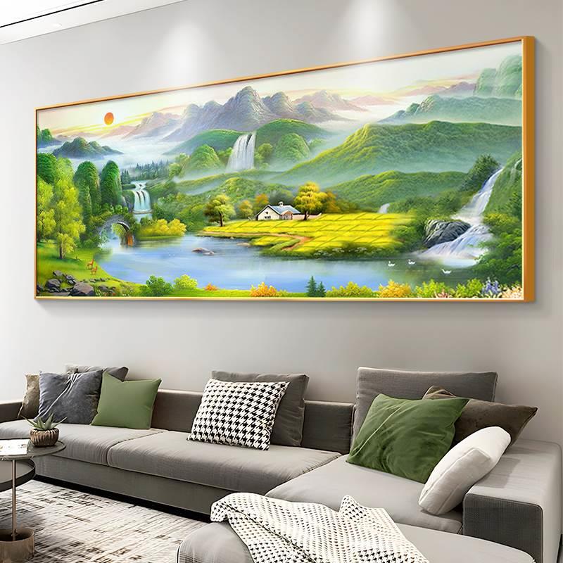 聚宝盆山水画客厅挂画风景手绘油画沙发背景墙装饰画西墙聚财壁画