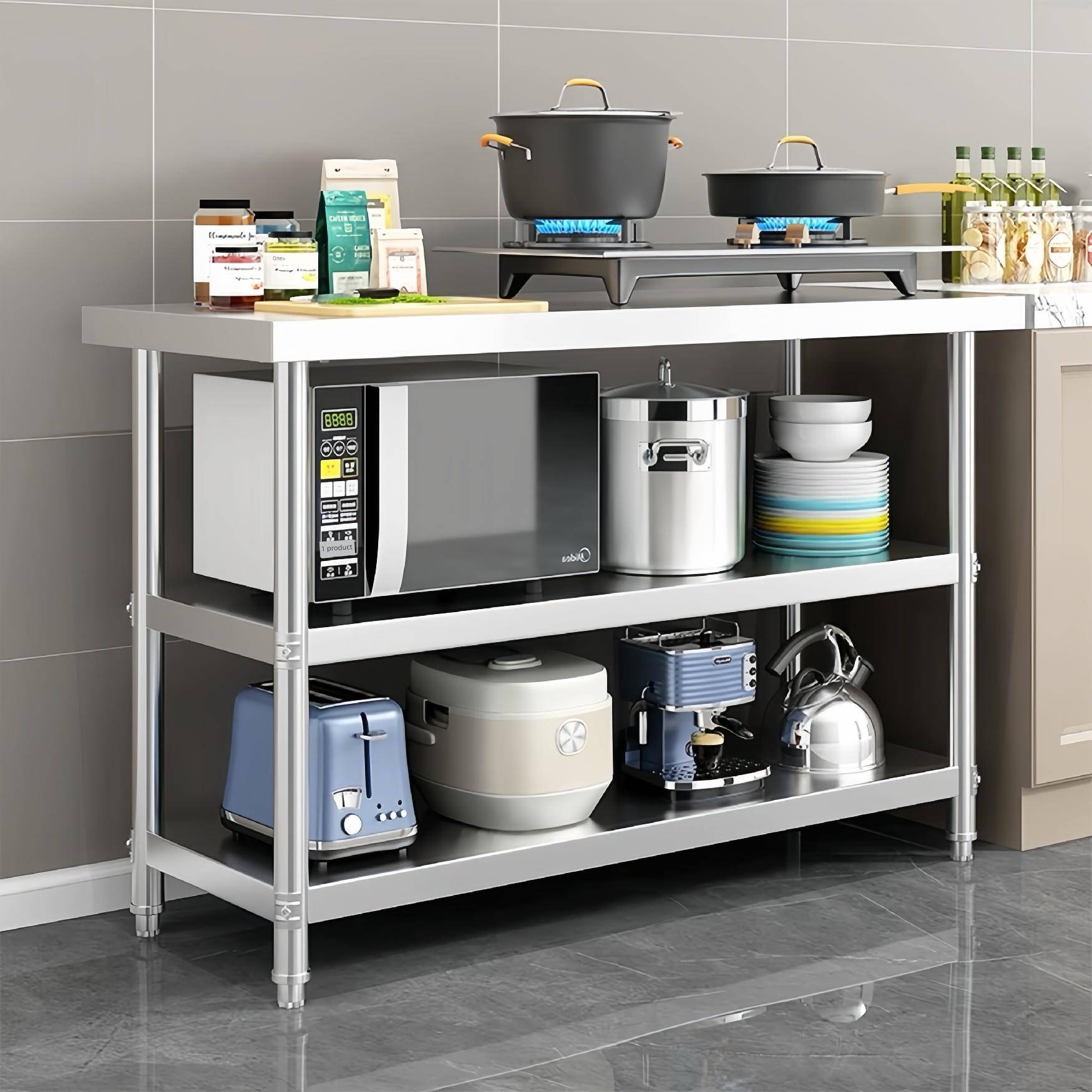 需定制不锈钢三层工作台，餐厅装货台，厨房储物柜，菜板，灶架，