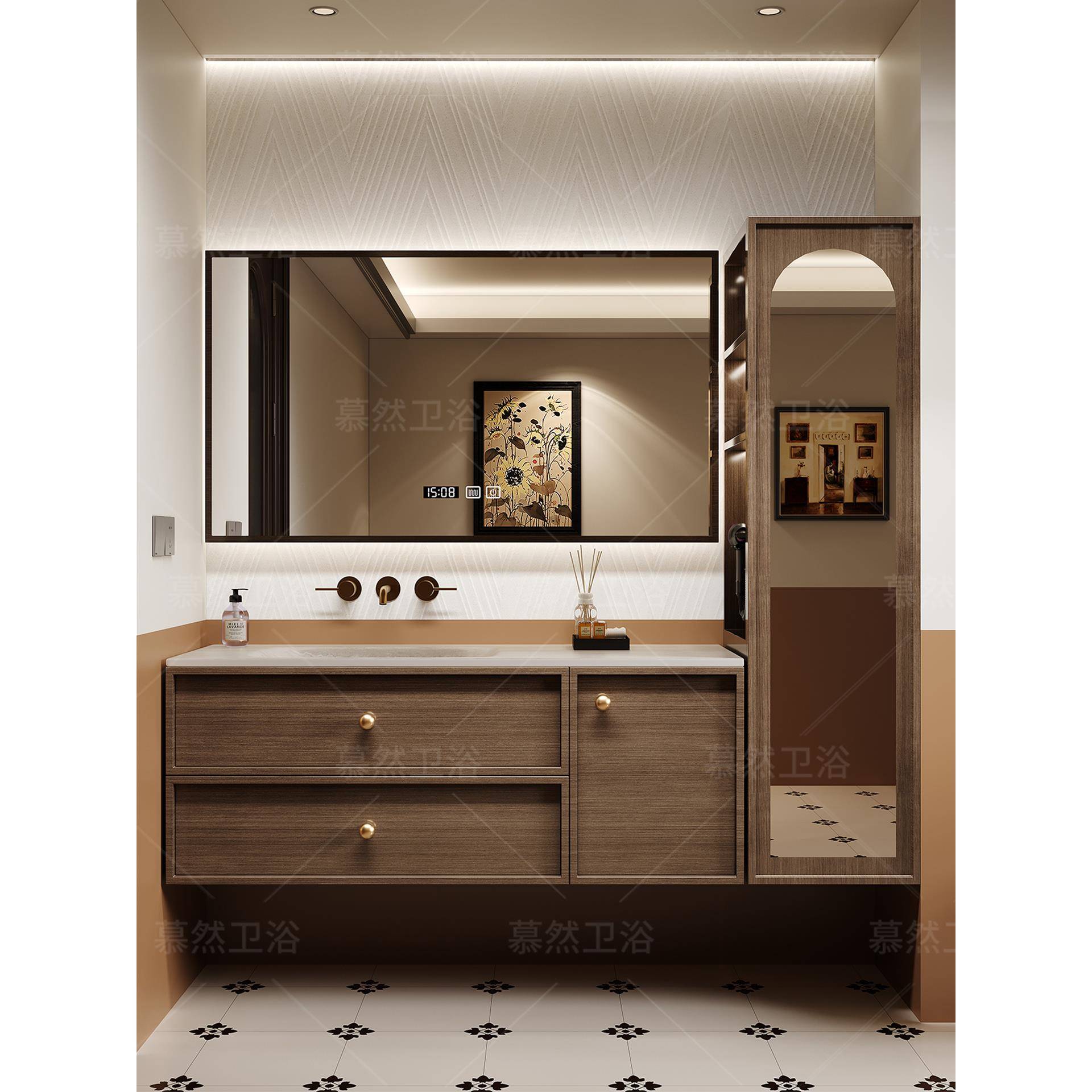 需定制复古风岩板热弯一体盆中式浴室柜组合卫生间洗漱台洗脸池侧