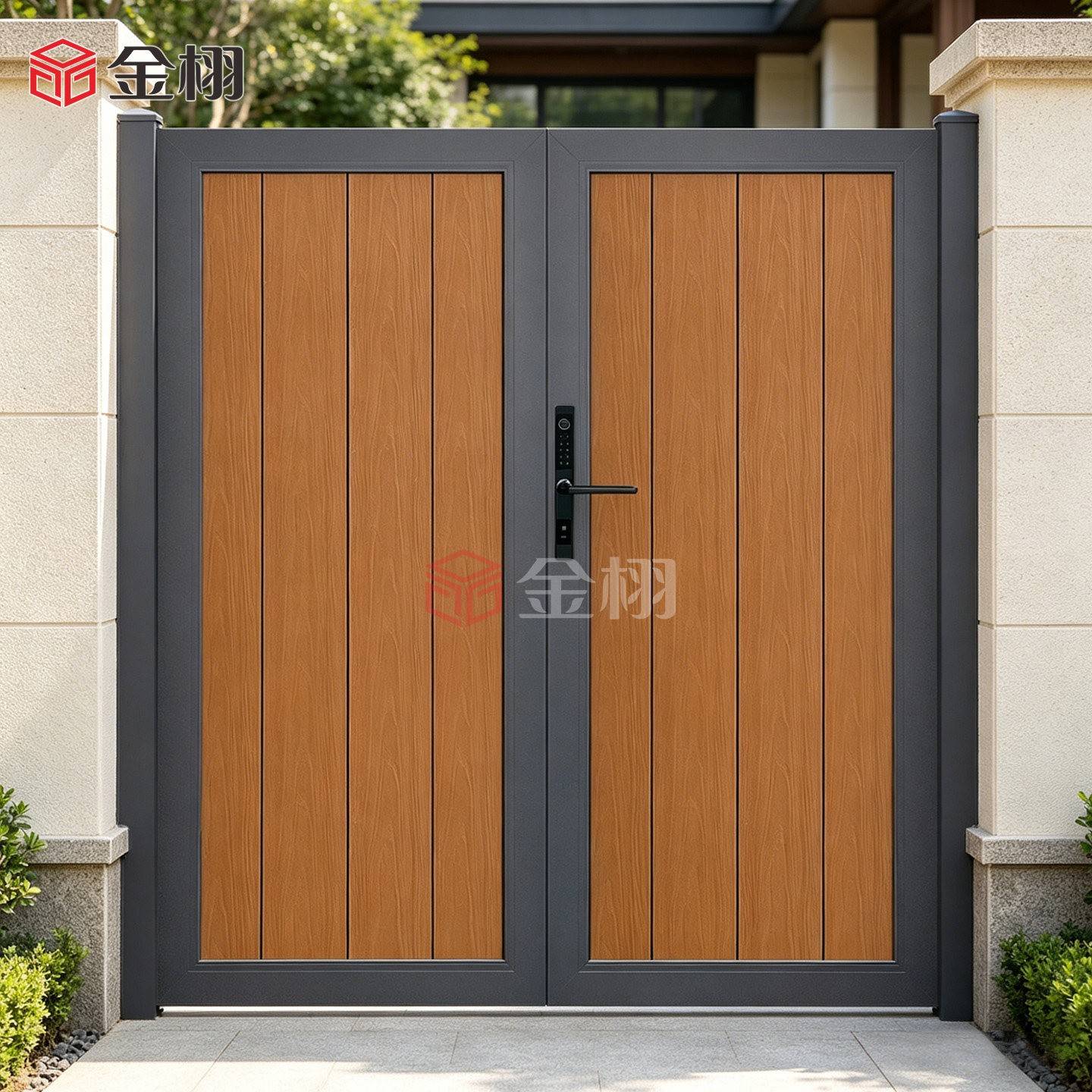 个性塑木共挤板门铝合金庭院门双开关别墅入户门农村自建房防盗大图片