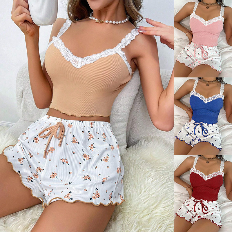 欧美外贸女士家居服蕾丝吊带短裤套装碎花舒适弹力居家休闲睡衣