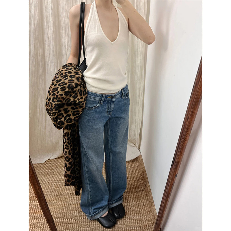 MosesQueen魔西女王v领针织挂脖吊带背心夏外穿辣妹露背无袖上衣