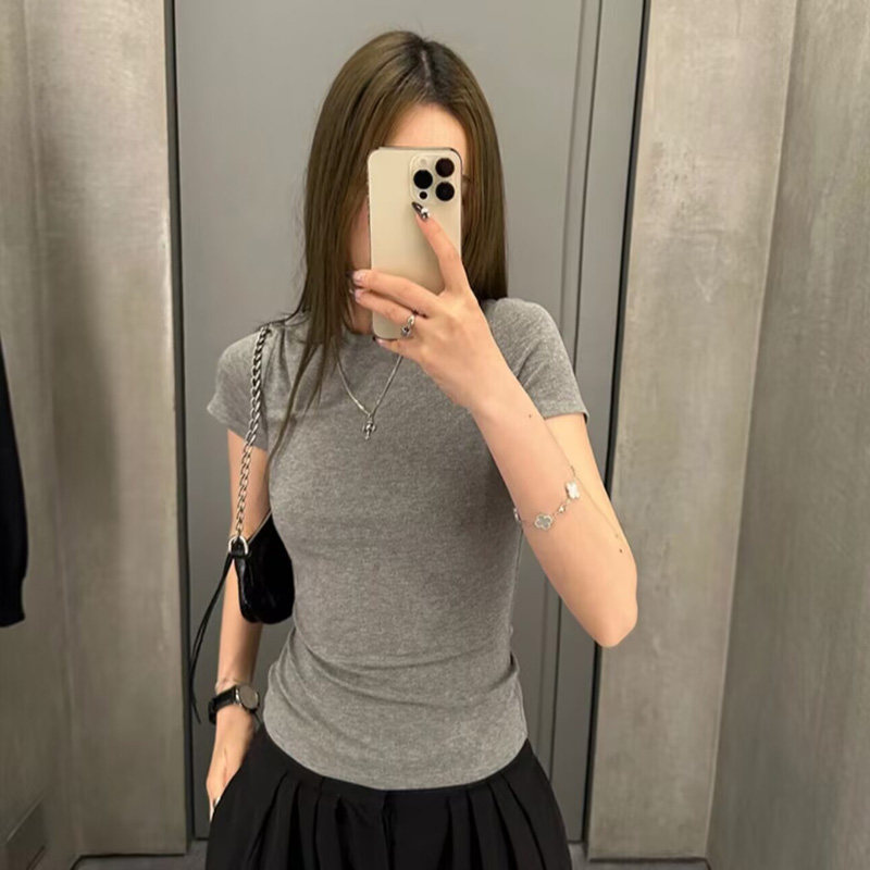 MosesQueen魔西女王美式圆领正肩短袖t恤女夏季新款修身显瘦上衣