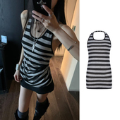 MosesQueen魔西女王条纹挂脖吊带背心女夏季 上衣 外穿露背内搭无袖