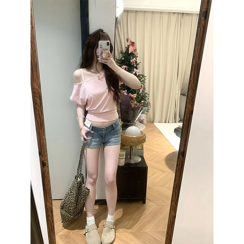 MosesQueen魔西女王粉色斜肩短袖t恤收腰纯欲露肩短款一字肩上衣