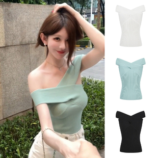 MosesQueen魔西女王交叉一字肩针织短袖t恤女夏季设计感露肩上衣