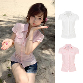 衬衫 女夏季 2026新款 MosesQueen魔西女王粉色短袖 掐腰修身 显瘦上衣