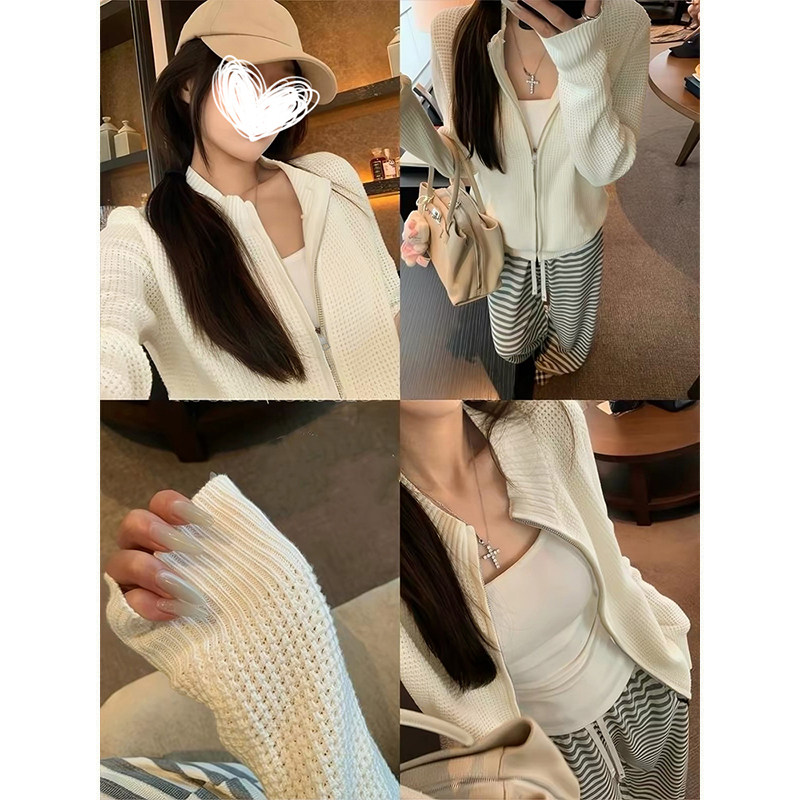 MosesQueen魔西女王华夫格针织开衫外套秋季拉链立领修身长袖上衣