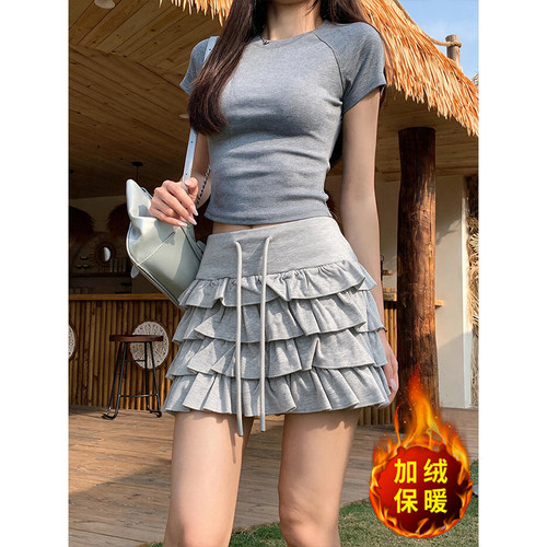 加绒荷叶边防走光松紧腰蛋糕短裙