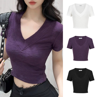 辣妹露脐短款 Moses t恤女夏季 魔西女王紫色正肩v领短袖 上衣 Queen