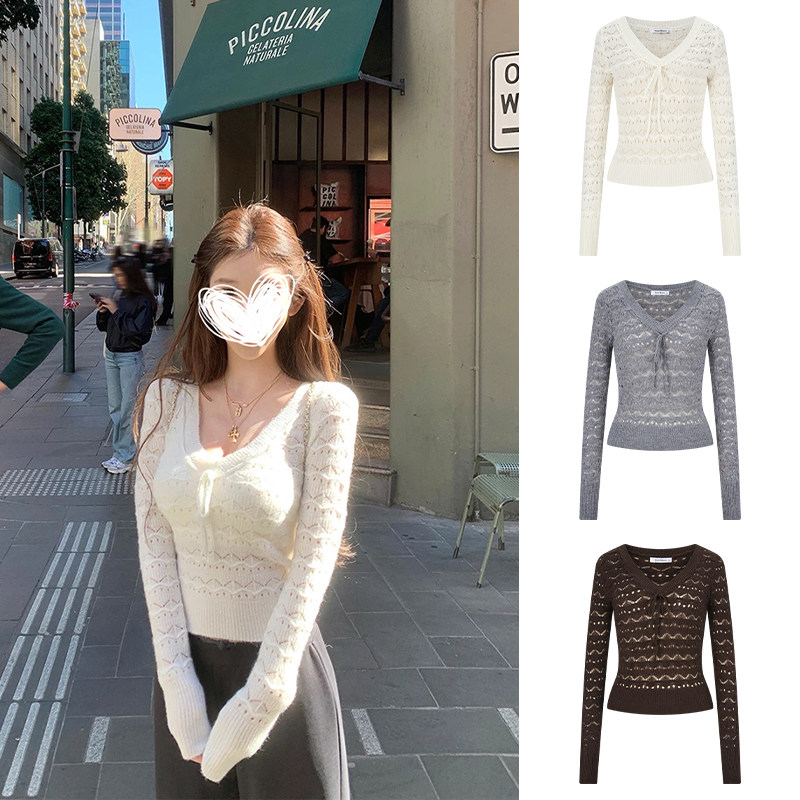 MosesQueen魔西女王v领缕空针织衫女秋冬内搭毛衣设计感长袖上衣,女装/女士精品,毛针织衫,淘宝优惠券,粉丝福利购,淘宝优惠卷