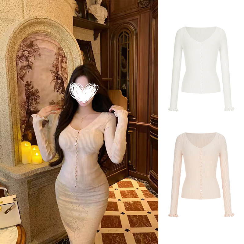 MosesQueen魔西女王粉色木耳边v领针织开衫春季修身显瘦长袖上衣