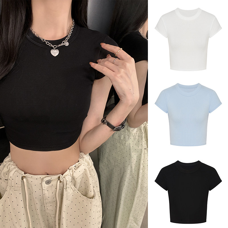 MosesQueen魔西女王黑色露脐正肩短袖t恤女夏季纯欲辣妹短款上衣