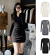 修身 MosesQueen魔西女王黑色v领长袖 连衣裙女春季 显瘦包臀短裙子