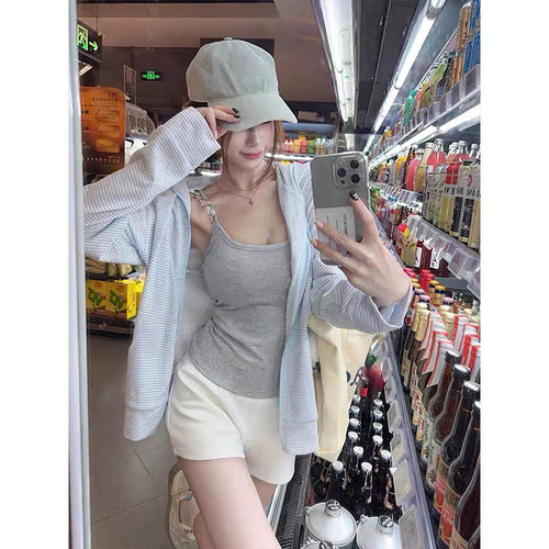 条纹连帽外套拉链开衫长袖上衣女