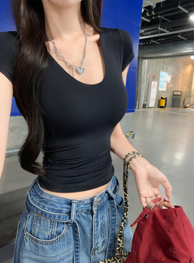 MosesQueen魔西女王黑色u领正肩短袖t恤夏季紧身显瘦百搭短款上衣