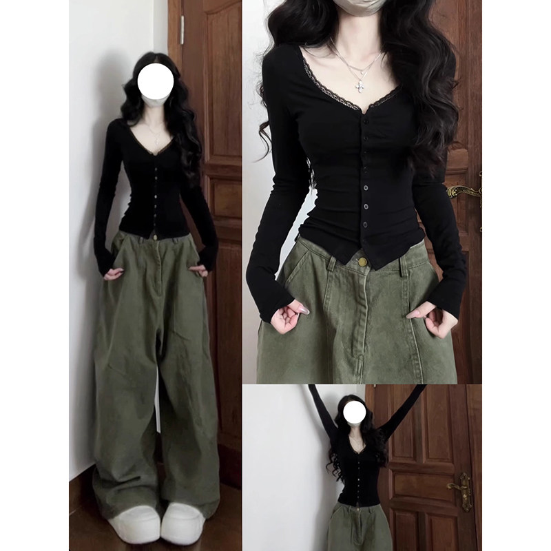 MosesQueen魔西女王黑色蕾丝长袖t恤内搭打底修身短款v领开衫上衣,女装/女士精品,T恤,淘宝优惠券,粉丝福利购,淘宝优惠卷