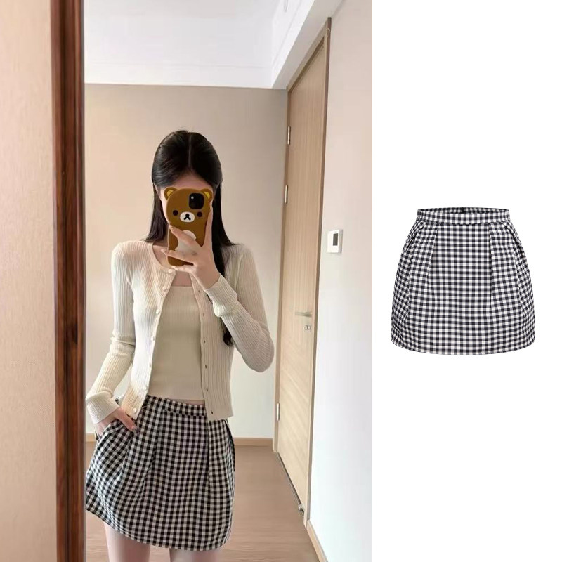MosesQueen魔西女王黑白格子花苞半身裙女防走光显瘦高腰a字短裙