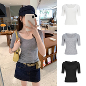 MosesQueen魔西女王灰色u领短袖 打底上衣 显瘦内搭半袖 t恤中袖 修身